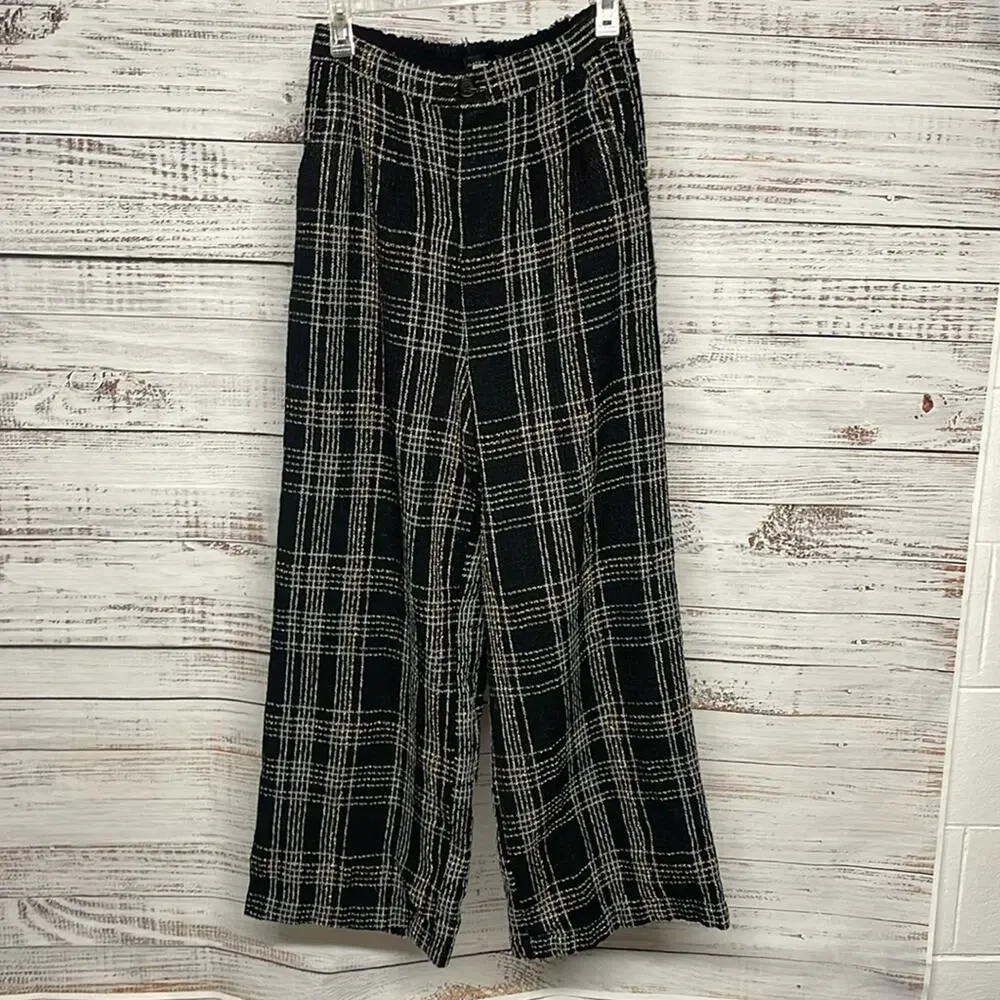 Slate & Willow Tweed Plaid Pants Medium Black Gold